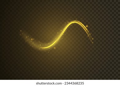 Golden shiny spiral wave sparks. Curved yellow speed line twirl. Glittering wavy trail. Swirling dynamic neon circle. Magic gold whirlwind with flare sparkles. Glow swirl light bokeh effect. Vector