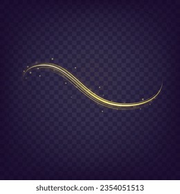 Golden shiny spiral wave sparks. Curved yellow speed line twirl. Glittering wavy trail. Swirling dynamic neon circle. Magic gold whirlwind with flare sparkles. Glow swirl light bokeh effect. Vector