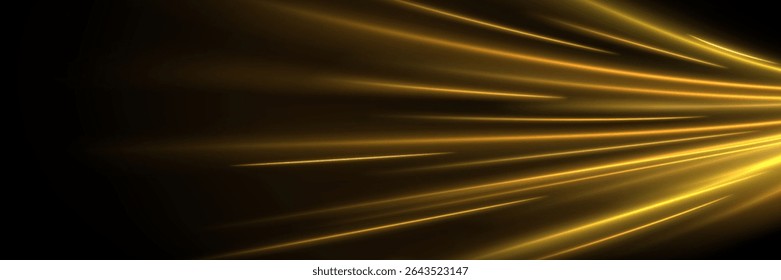 Golden shiny spiral wave sparks. Curved yellow speed line twirl. Glittering wavy trail. Swirling dynamic neon circle. Magic gold whirlwind with flare sparkles. Glow swirl light bokeh effect.
