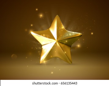 Golden Shiny Star With Glitters And Sparkles. Vector Realistic 3d Illustration