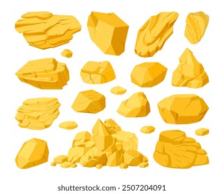 Golden shiny stones. Cartoon gold rocks, yellow mine nuggets for video games design flat vector illustration set. Golden treasure gems collection