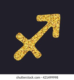 Golden shiny symbol sagittarius on a black background. Vector illustration