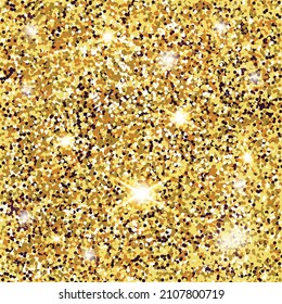 Golden shiny texture. Vector glitter gold background. Golden sparkles on the border. Template for holiday designs, invitation, party, birthday, wedding, New Year, Christmas. illustration.