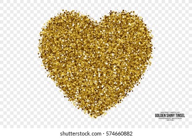 Golden Shiny Tinsel Square Particles Abstract Vector Heart on Transparent Background. Valentine's Day Illustration. Celebration, holidays and party design element