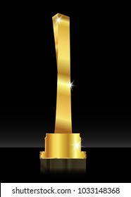 Golden Shiny trophy, abstract modern sculpture 3D icon, for sports prize or business awards illustration, Films and cinema symbol stock. Academy award concept. Vector, black background