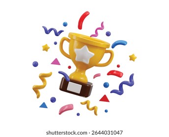 Golden shiny trophy cup with colorful confetti icon 3d render concept of celebration wining moment achievement trophy icon vector illustration 