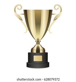 Golden shiny trophy cup with curly handles isolated on white background. Tournament first place prise vector illustration. Standard design of metal goblet. Award for outstanding achievement.