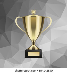 Golden Shiny Trophy Cup For Win With Cover Isolated On Abstract Background. Tournament Prizes For First Place Vector Illustration. Goblet For Contest Participation. Award For Outstanding Achievement.