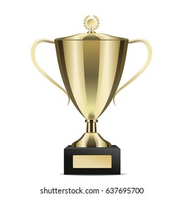 Golden Shiny Trophy Cup For Win With Cover Isolated On White Background. Tournament Prizes For First Place Vector Illustration. Goblet For Contest Participation. Award For Outstanding Achievement.