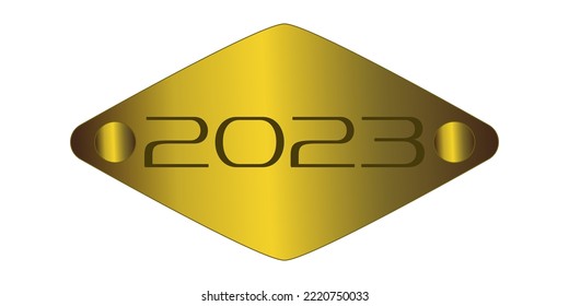 Golden shiny vector shield year 2023. Metallic emblem number 2023 new year.