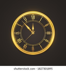 Golden shiny watch with Roman numeral and countdown midnight, eve for New Year. Festive clock face design element. Merry Christmas. Xmas holiday. Vector illustration.