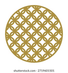 Padrão de tsunagi de shippo dourado formando um círculo entrelaçado, representando continuidade infinita, prosperidade e harmonia eterna dentro de um quadro circular em um fundo branco