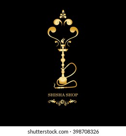 Golden Shisha, hookah black silhouette. Vector gold hookah illustration on black