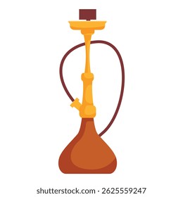 Golden shisha pipe standing on white background, traditional oriental smoking device