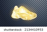 Golden shoes on a transparent background. Realistic 3d vector  item with highlights and reflections.Great design for gold stage decoration, banners, podiums. Easy to use, isolated.