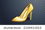 Golden shoes on a transparent background. Realistic 3d vector  item with highlights and reflections.Great design for gold stage decoration, banners, podiums. Easy to use, isolated.