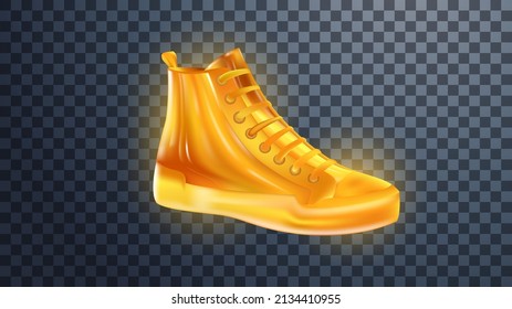 Golden shoes on a transparent background. Realistic 3d vector  item with highlights and reflections.Great design for gold stage decoration, banners, podiums. Easy to use, isolated.