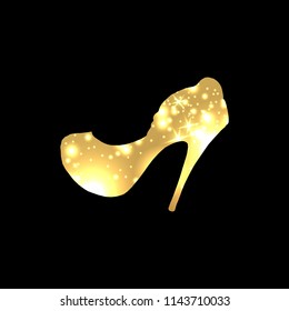 Golden Shoes Symbol with silhouette and gold shining lights. Creative Trendy Modern Fashion Shop Logo Template. Symbol Illustration on Black Background