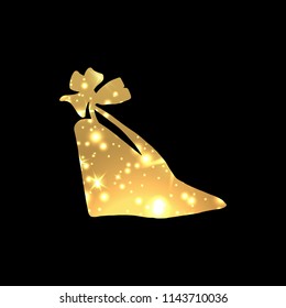 Golden Shoes Symbol with silhouette and gold shining lights. Creative Trendy Modern Fashion Shop Logo Template. Symbol Illustration on Black Background