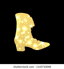 Golden Shoes Symbol with silhouette and gold shining lights. Creative Trendy Modern Fashion Shop Logo Template. Symbol Illustration on Black Background