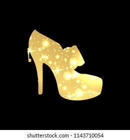 Golden Shoes Symbol with silhouette and gold shining lights. Creative Trendy Modern Fashion Shop Logo Template. Symbol Illustration on Black Background