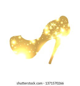 Golden Shoes Symbol with silhouette and gold shining lights. Creative Trendy Modern Fashion Shop Logo Template. Symbol Illustration on Black Background