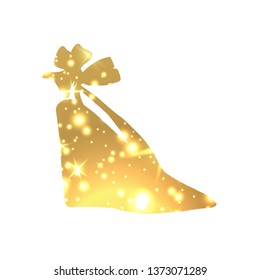 Golden Shoes Symbol with silhouette and gold shining lights. Creative Trendy Modern Fashion Shop Logo Template. Symbol Illustration on Black Background