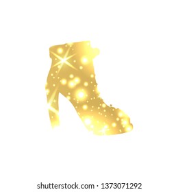 Golden Shoes Symbol with silhouette and gold shining lights. Creative Trendy Modern Fashion Shop Logo Template. Symbol Illustration on Black Background