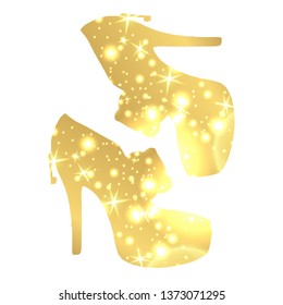 Golden Shoes Symbol with silhouette and gold shining lights. Creative Trendy Modern Fashion Shop Logo Template. Symbol Illustration on Black Background