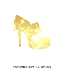 Golden Shoes Symbol with silhouette and gold shining lights. Creative Trendy Modern Fashion Shop Logo Template. Symbol Illustration on Black Background