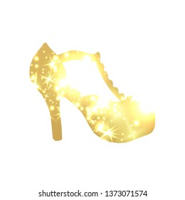 Golden Shoes Symbol with silhouette and gold shining lights. Creative Trendy Modern Fashion Shop Logo Template. Symbol Illustration on Black Background