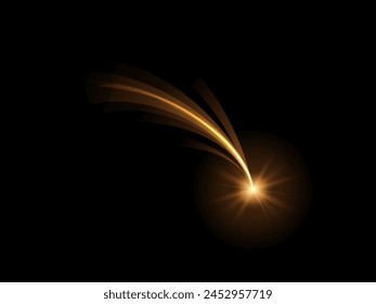 Golden shooting star with a glowing trail against a dark background. Vector illustration of a brilliant meteor-like light streaking across space.