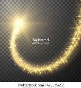 Golden shooting star trail holiday background transparent element. Glittering shiny dust. Vector eps10.