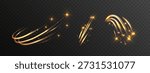 Golden shooting star trails with glowing sparkles on a dark transparent background, creating a magical, dynamic light effect for festive, fantasy, or cosmic designs.