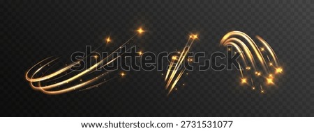Golden shooting star trails with glowing sparkles on a dark transparent background, creating a magical, dynamic light effect for festive, fantasy, or cosmic designs.