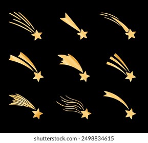 Golden shooting stars with beautiful tails on a black background authors work