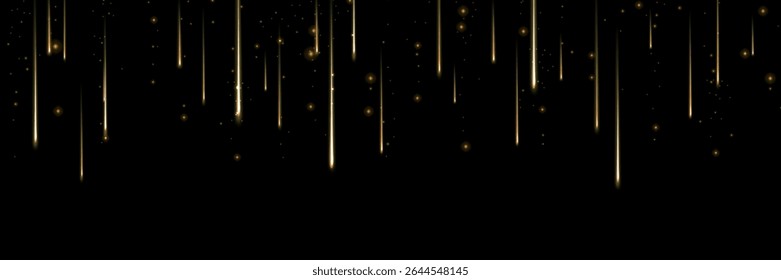 Estrelas de tiro dourado cascata fundo noite escura - chuva de meteoros com trilhas de luz quente e brilhos para celebração de luxo, decoração de eventos festivos e elementos de design temático espaço mágico.