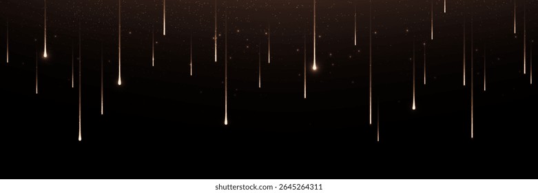 Golden shooting stars cascade down dark night background - meteor shower with warm light trails and sparkles for luxury celebration, festive event decoration and magical space themed design elements.