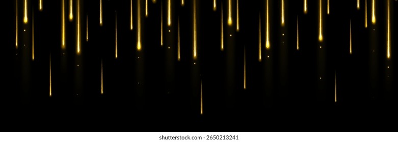 Estrelas de tiro dourado cascata para baixo fundo noite escura - chuva de meteoros com trilhas de luz quente e brilhos para celebração de luxo, decoração de eventos festivos e elementos de design temático espaço mágico