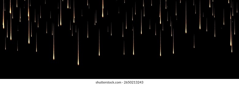 Estrelas de tiro dourado cascata para baixo fundo noite escura - chuva de meteoros com trilhas de luz quente e brilhos para celebração de luxo, decoração de eventos festivos e elementos de design temático espaço mágico