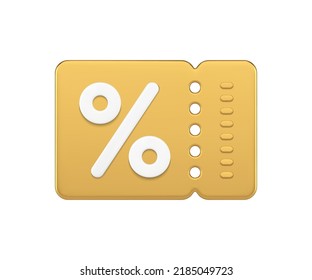 Golden shopping percentage coupon buying purchase special offer realistic 3d icon vector illustration. Sale discount price off retail business marketing advertising financial gift bonus sticker tag