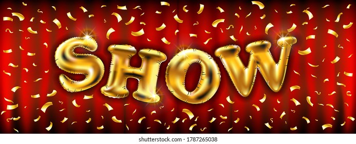 golden show vector poster template with shining golden spotlights background. text decoration eps vector gold flying balloons and confetti art