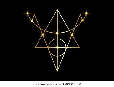 Golden Sigil of Protection. Magical Amulets. Can be used as tattoo, logos and prints. Gold Wiccan occult symbol, sacred geometry, vector isolated on black background 