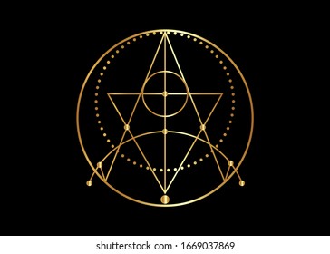 Golden Sigil of Protection. Magical Amulets. Can be used as tattoo, gold logos sign and prints. Wiccan occult symbol, sacred geometry, luxury vector isolated on black background 