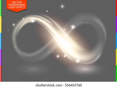 Golden sign neon light line infinity symbol glow isolated on transparent background with spark. Vector light special effect sparkling illustration