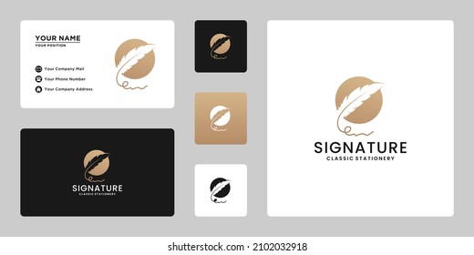 golden signature feather pen logo design. classic stationery logo template