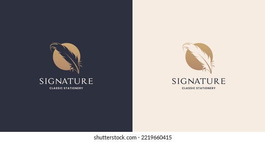 diseño de logotipo de pluma de plumas de plumas con firma dorada.