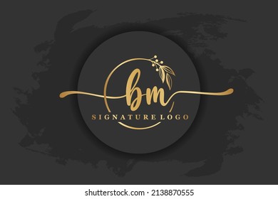 golden signature logo for initial Letter b m. Handwriting vector illustration image