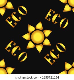 Golden signs of ecology ECO. Gold lettering seamless pattern, dark background .Vector illustration.