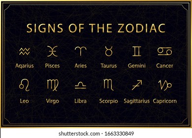 Golden signs of zodiac on dark background. Sacred geometry. Vector stock illustration. 